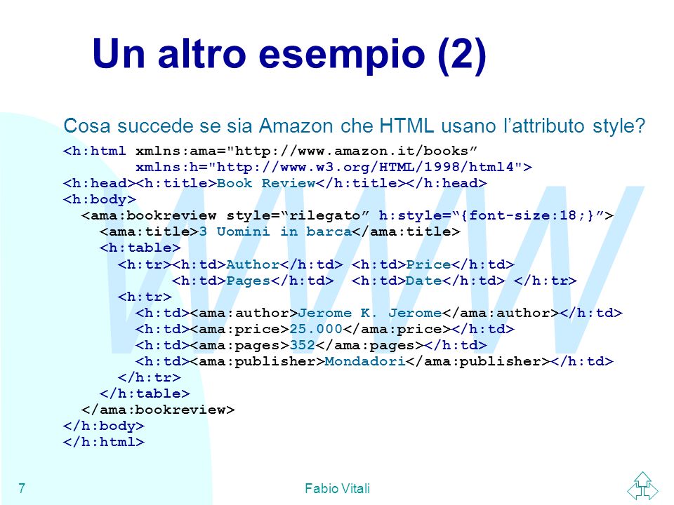 WWW Fabio Vitali7 Un altro esempio (2) Cosa succede se sia Amazon che HTML usano lattributo style.