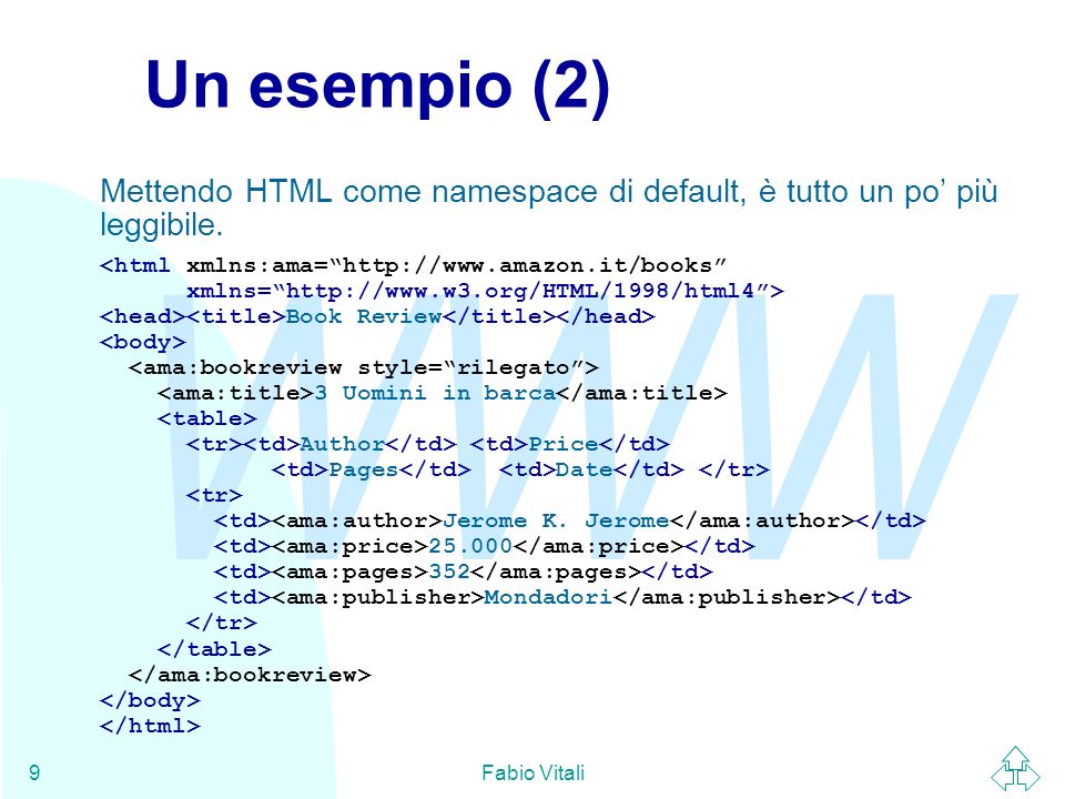 WWW Fabio Vitali9 Un esempio (2) Mettendo HTML come namespace di default, è tutto un po più leggibile.