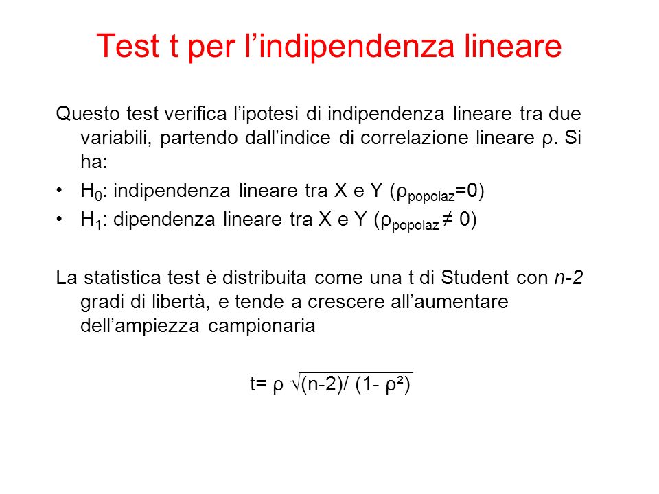 Test t per lindipendenza lineare Questo test verifica lipotesi di indipendenza lineare tra due variabili, partendo dallindice di correlazione lineare ρ.