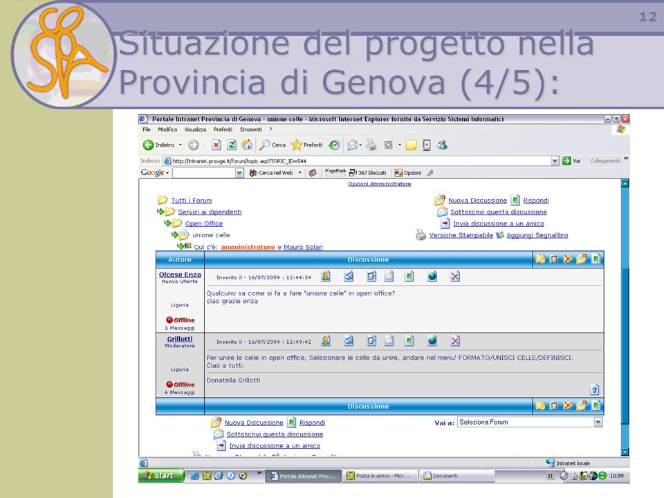 12 Situazione del progetto nella Provincia di Genova (4/5):