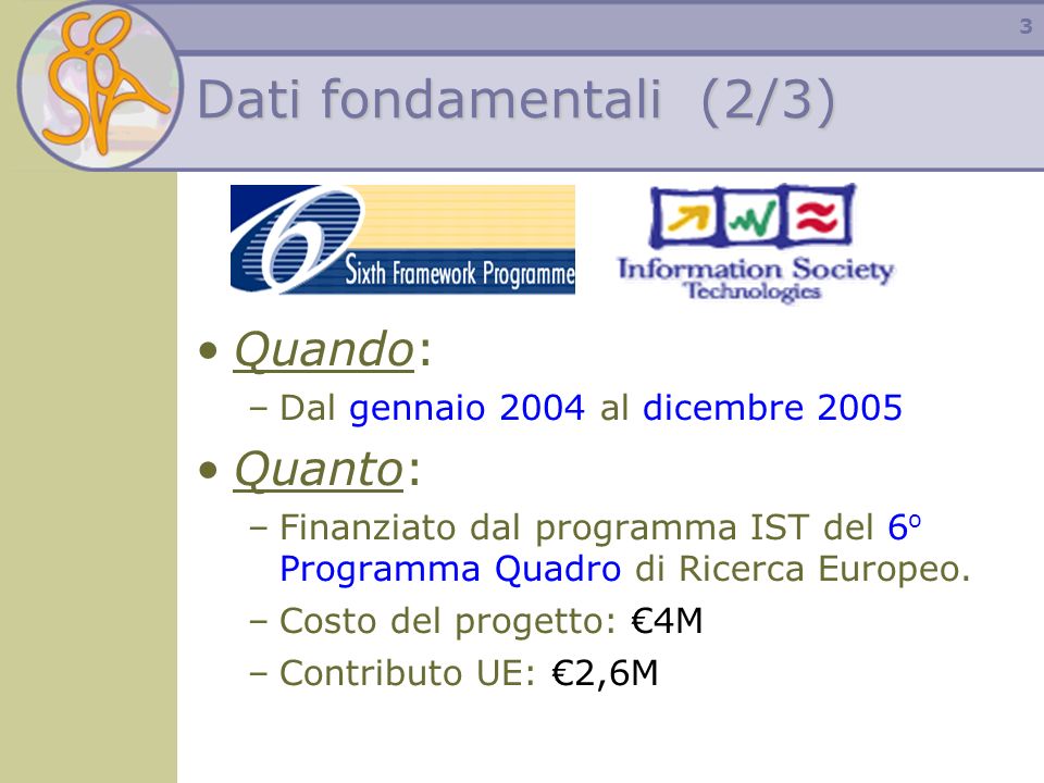 3 Dati fondamentali (2/3) Quando: –Dal gennaio 2004 al dicembre 2005 Quanto: –Finanziato dal programma IST del 6 o Programma Quadro di Ricerca Europeo.