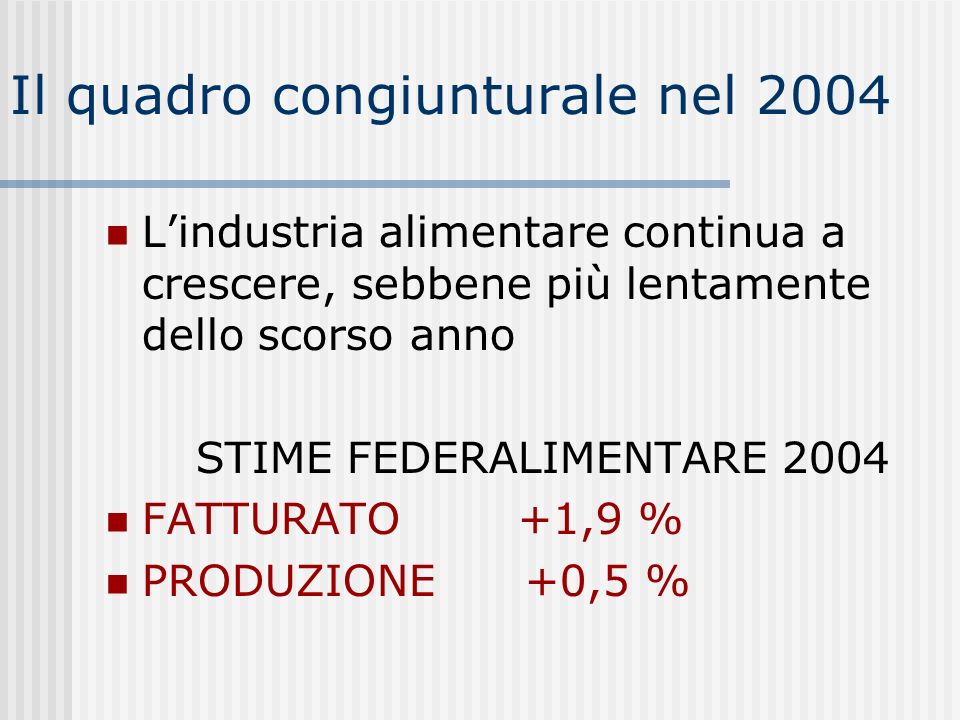 Il quadro congiunturale nel 2004 Lindustria alimentare continua a crescere, sebbene più lentamente dello scorso anno STIME FEDERALIMENTARE 2004 FATTURATO +1,9 % PRODUZIONE +0,5 %