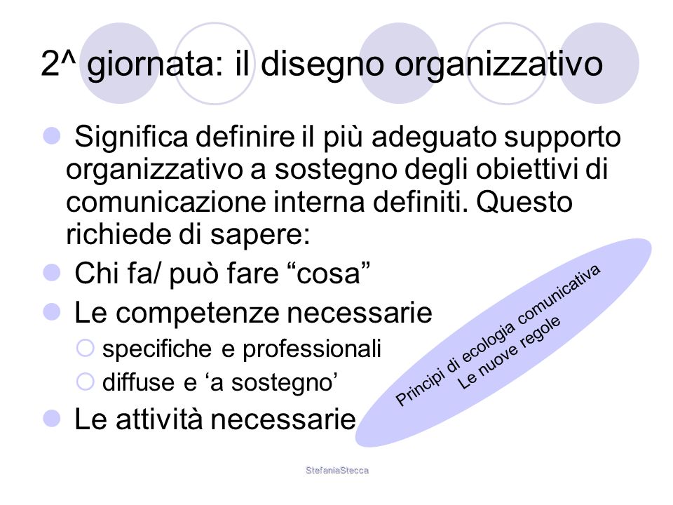 StefaniaStecca 2^ giornata: il disegno organizzativo Significa definire il più adeguato supporto organizzativo a sostegno degli obiettivi di comunicazione interna definiti.
