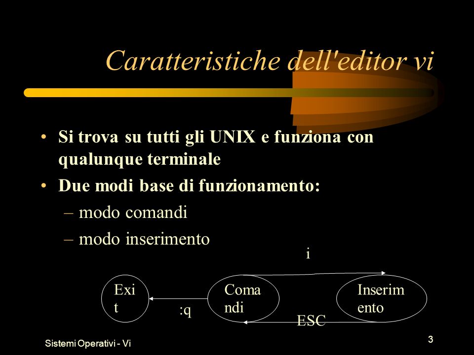 Sistemi Operativi - Vi 3 Caratteristiche dell editor vi Si trova su tutti gli UNIX e funziona con qualunque terminale Due modi base di funzionamento: –modo comandi –modo inserimento Exi t Coma ndi Inserim ento i ESC :q