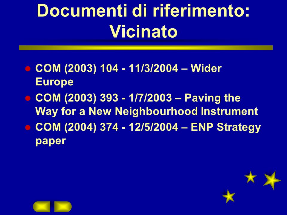 Documenti di riferimento: Vicinato COM (2003) /3/2004 – Wider Europe COM (2003) /7/2003 – Paving the Way for a New Neighbourhood Instrument COM (2004) /5/2004 – ENP Strategy paper