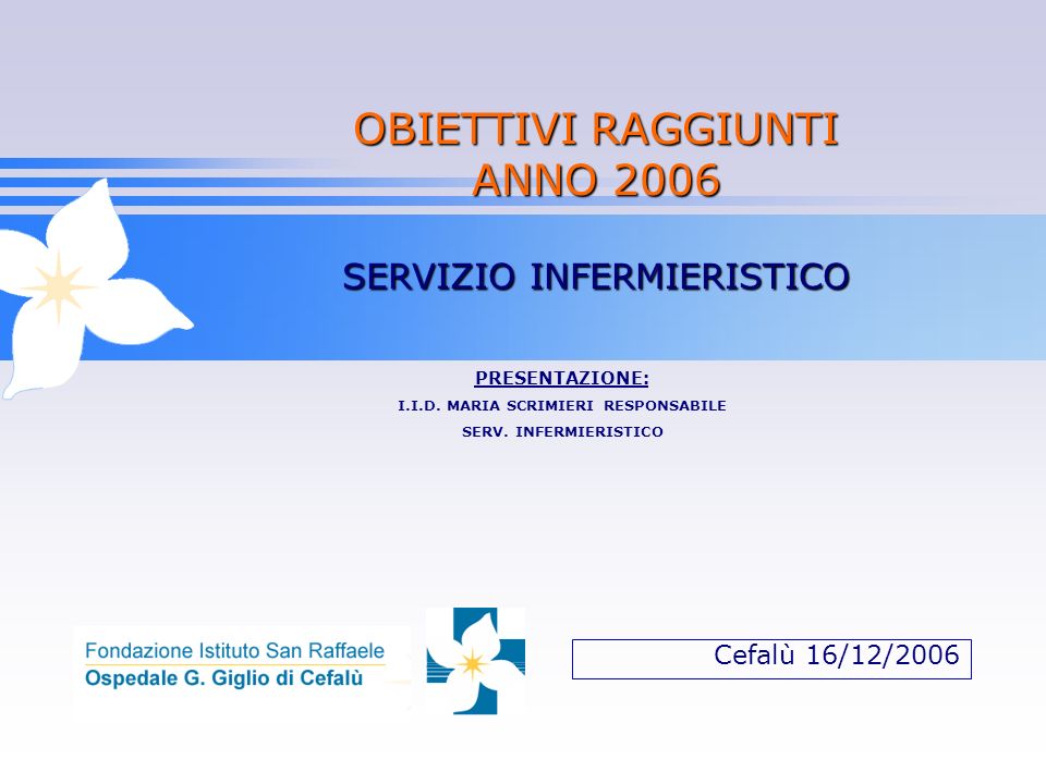 Cefalù 16/12/2006 OBIETTIVI RAGGIUNTI ANNO 2006 SERVIZIO INFERMIERISTICO PRESENTAZIONE: I.I.D.