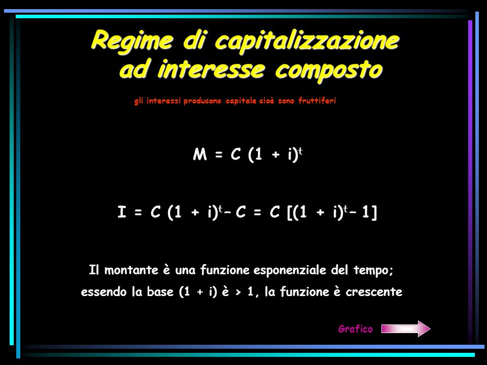 Regime di capitalizzazione ad interesse composto gli interessi producono capitale cioè sono fruttiferi M = C (1 + i) t I = C (1 + i) t – C = C [(1 + i) t – 1] Il montante è una funzione esponenziale del tempo; essendo la base (1 + i) è > 1, la funzione è crescente Grafico