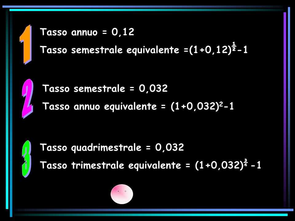 Tasso annuo = 0,12 Tasso semestrale equivalente =(1+0,12) ½ -1 Tasso semestrale = 0,032 Tasso annuo equivalente = (1+0,032) 2 -1 Tasso quadrimestrale = 0,032 Tasso trimestrale equivalente = (1+0,032) ¾ -1