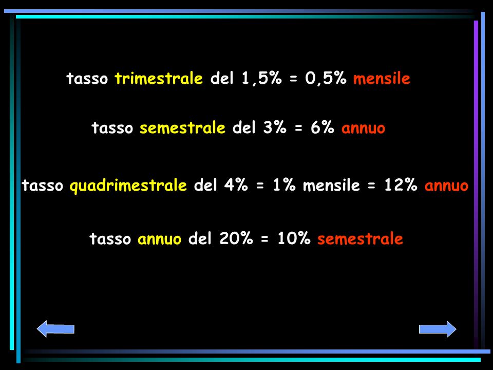 tasso trimestrale del 1,5% = 0,5% mensile tasso semestrale del 3% = 6% annuo tasso quadrimestrale del 4% = 1% mensile = 12% annuo tasso annuo del 20% = 10% semestrale