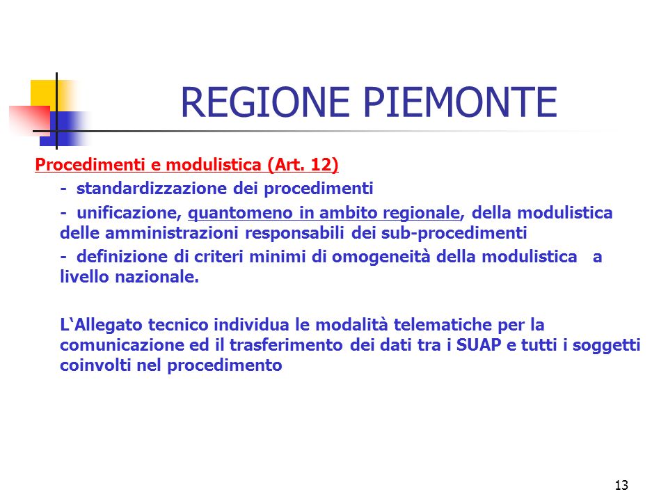 13 REGIONE PIEMONTE Procedimenti e modulistica (Art.
