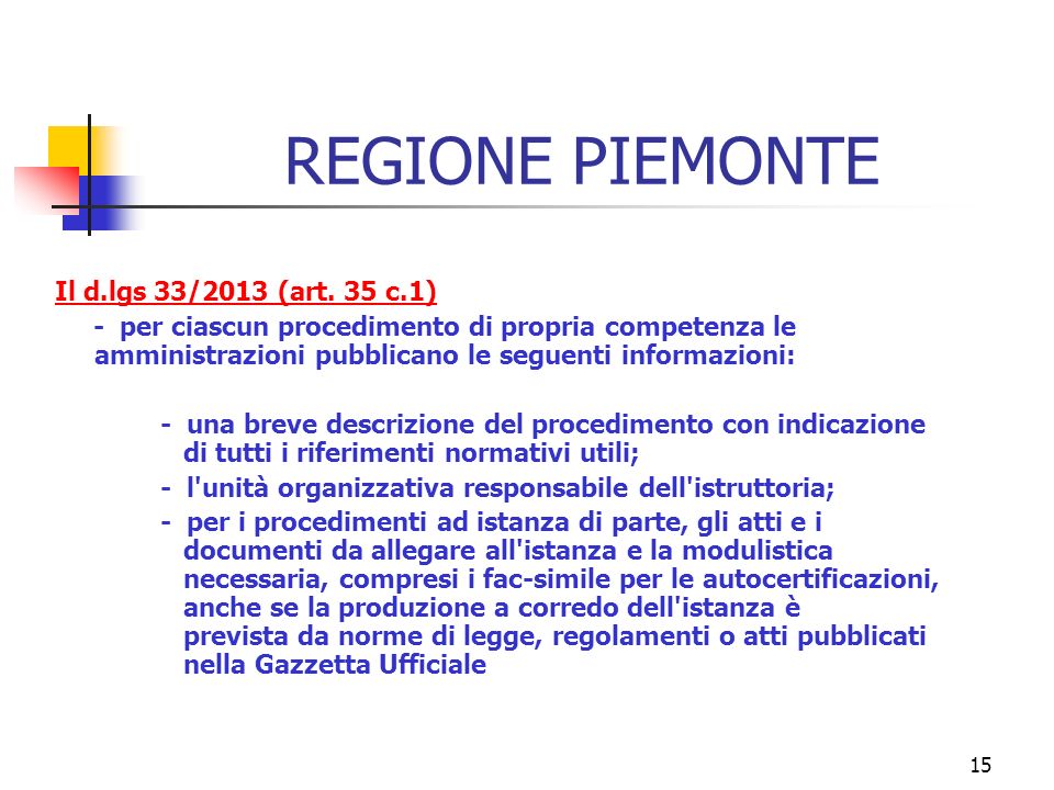 15 REGIONE PIEMONTE Il d.lgs 33/2013 (art.