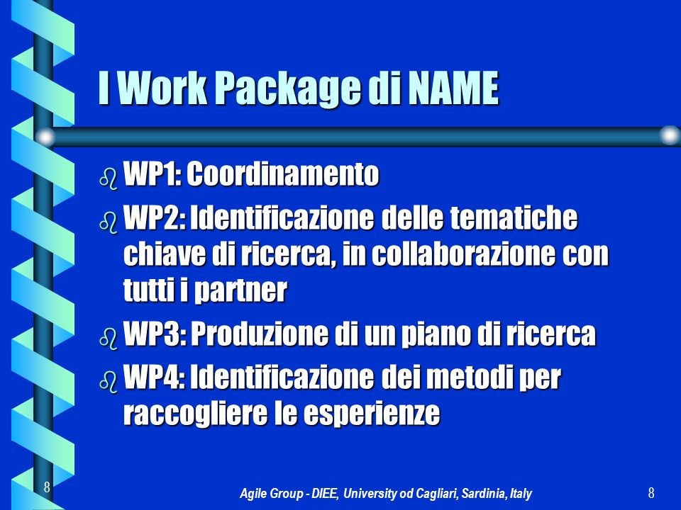 Agile Group - DIEE, University od Cagliari, Sardinia, Italy 8 8 I Work Package di NAME b WP1: Coordinamento b WP2: Identificazione delle tematiche chiave di ricerca, in collaborazione con tutti i partner b WP3: Produzione di un piano di ricerca b WP4: Identificazione dei metodi per raccogliere le esperienze