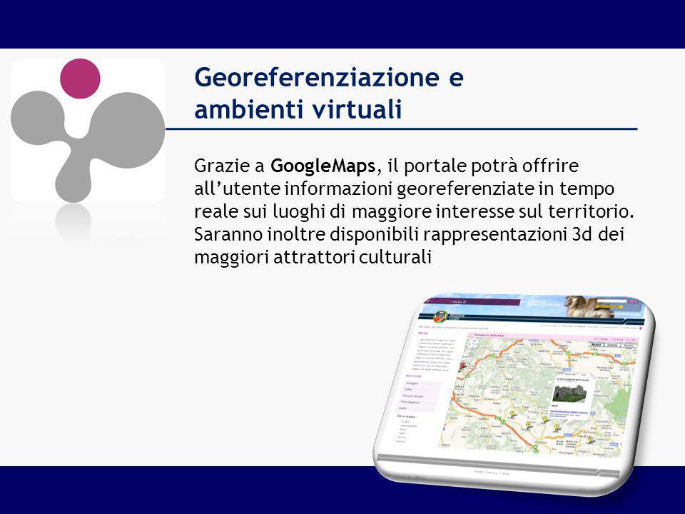 Georeferenziazione e ambienti virtuali Grazie a GoogleMaps, il portale potrà offrire allutente informazioni georeferenziate in tempo reale sui luoghi di maggiore interesse sul territorio.