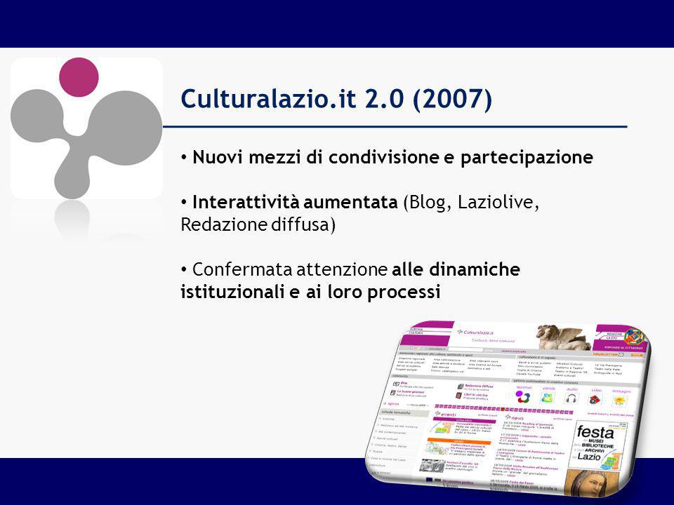 Culturalazio.it 2.0 (2007) Nuovi mezzi di condivisione e partecipazione Interattività aumentata (Blog, Laziolive, Redazione diffusa) Confermata attenzione alle dinamiche istituzionali e ai loro processi