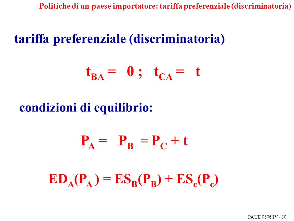 PAUE 0506 IV / 30 tariffa preferenziale (discriminatoria) t BA = 0 ; t CA = t P A = P B = P C + t ED A (P A ) = ES B (P B ) + ES c (P c ) condizioni di equilibrio: Politiche di un paese importatore: tariffa preferenziale (discriminatoria)