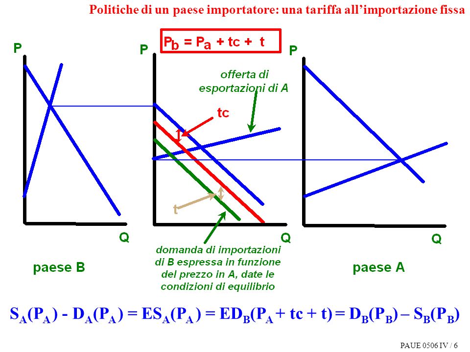 PAUE 0506 IV / 6 S A (P A ) - D A (P A ) = ES A (P A ) = ED B (P A + tc + t) = D B (P B ) – S B (P B ) Politiche di un paese importatore: una tariffa allimportazione fissa