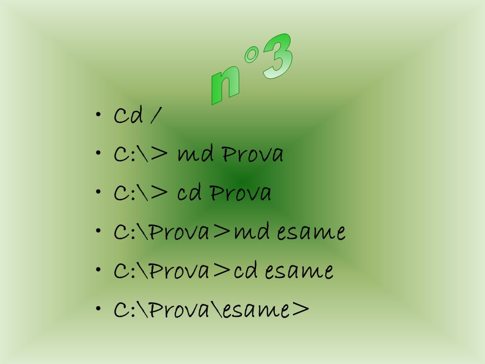 Cd / C:\> md Prova C:\> cd Prova C:\Prova>md esame C:\Prova>cd esame C:\Prova\esame>