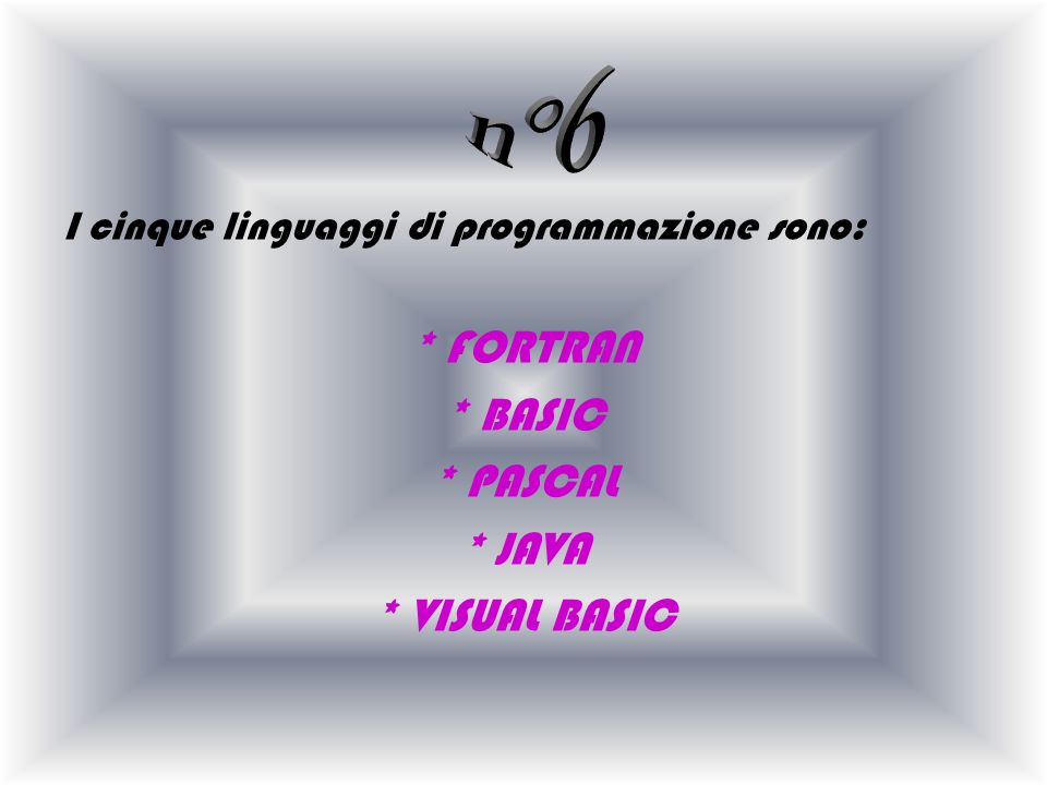 I cinque linguaggi di programmazione sono: * FORTRAN * BASIC * PASCAL * JAVA * VISUAL BASIC