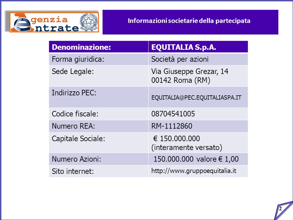 2 Informazioni societarie della partecipata Denominazione:EQUITALIA S.p.A.