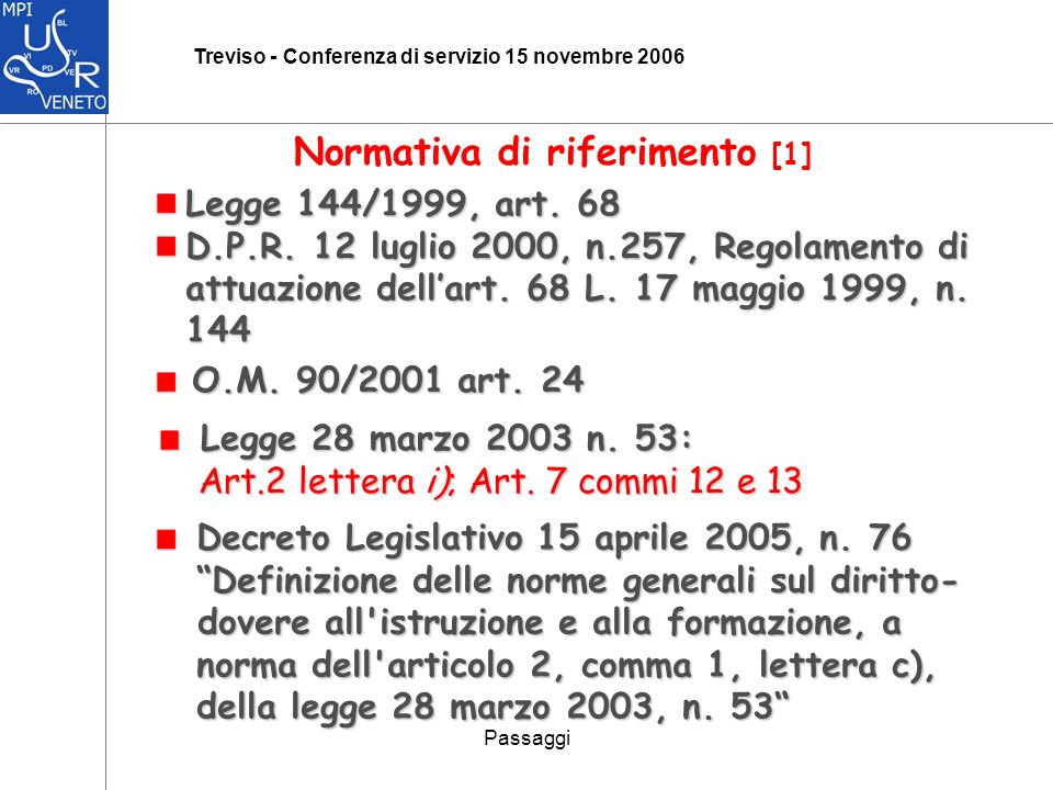 Passaggi Treviso - Conferenza di servizio 15 novembre 2006 Normativa di riferimento [1] Legge 144/1999, art.