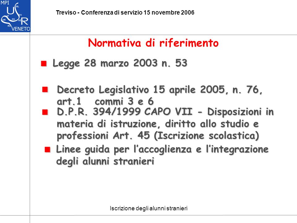 Iscrizione degli alunni stranieri Treviso - Conferenza di servizio 15 novembre 2006 Normativa di riferimento Decreto Legislativo 15 aprile 2005, n.