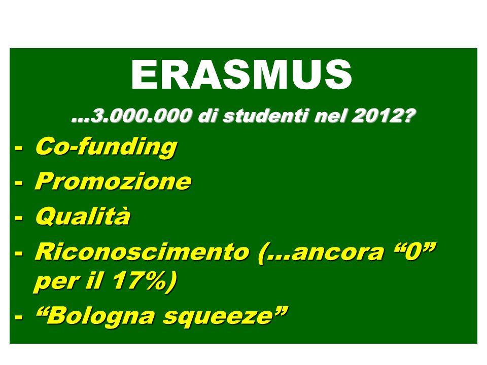 -Co-funding -Promozione -Qualità -Riconoscimento (…ancora 0 per il 17%) -Bologna squeeze ERASMUS … di studenti nel 2012