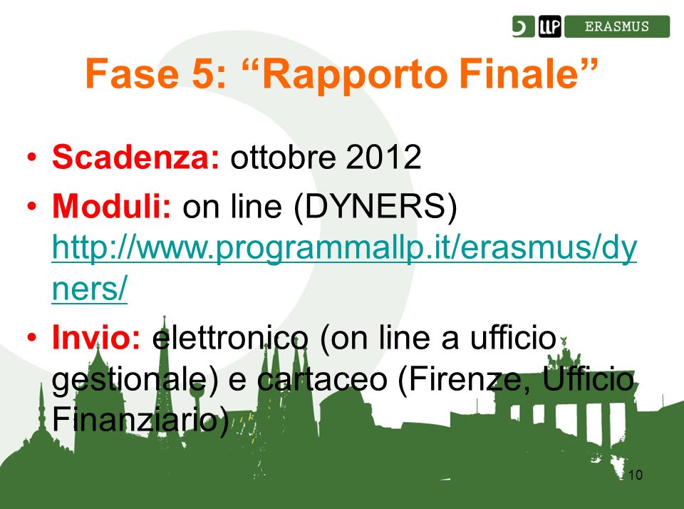 10 Fase 5: Rapporto Finale Scadenza: ottobre 2012 Moduli: on line (DYNERS)   ners/   ners/ Invio: elettronico (on line a ufficio gestionale) e cartaceo (Firenze, Ufficio Finanziario)