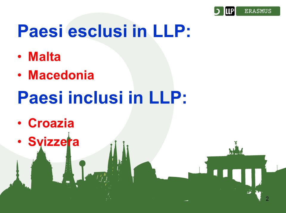 2 Paesi esclusi in LLP: Malta Macedonia Paesi inclusi in LLP: Croazia Svizzera