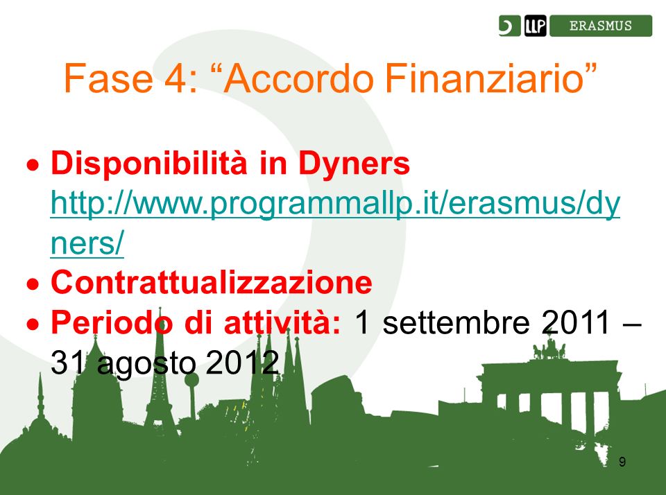 9 Fase 4: Accordo Finanziario Disponibilità in Dyners   ners/   ners/ Contrattualizzazione Periodo di attività: 1 settembre 2011 – 31 agosto 2012