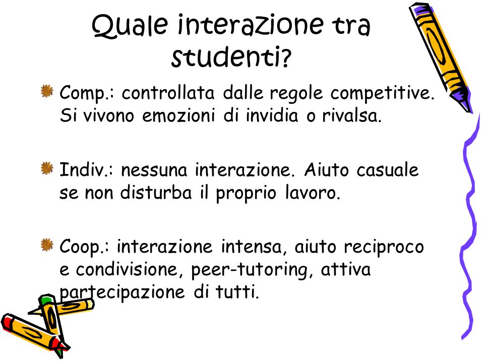 Quale interazione tra studenti. Comp.: controllata dalle regole competitive.