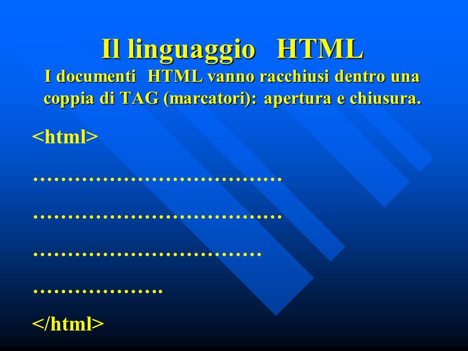 Il linguaggio HTML I documenti HTML vanno racchiusi dentro una coppia di TAG (marcatori): apertura e chiusura.