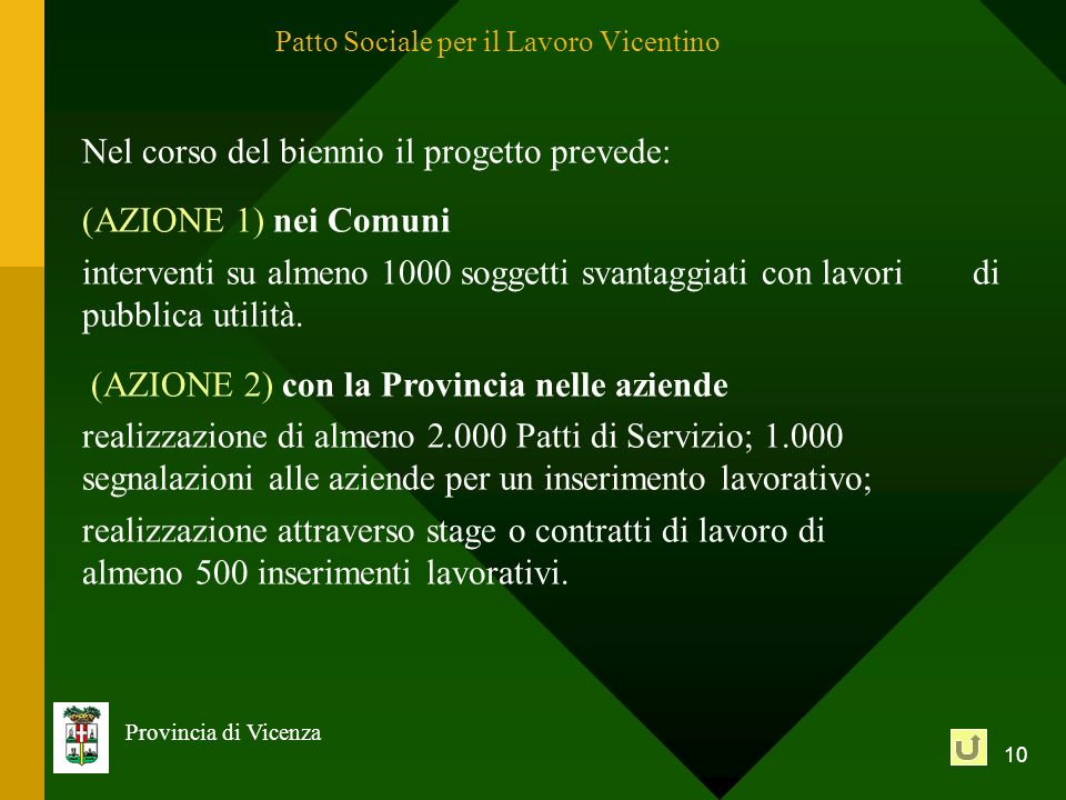 10 Provincia di Vicenza Nel corso del biennio il progetto prevede: (AZIONE 1) nei Comuni interventi su almeno 1000 soggetti svantaggiati con lavori di pubblica utilità.