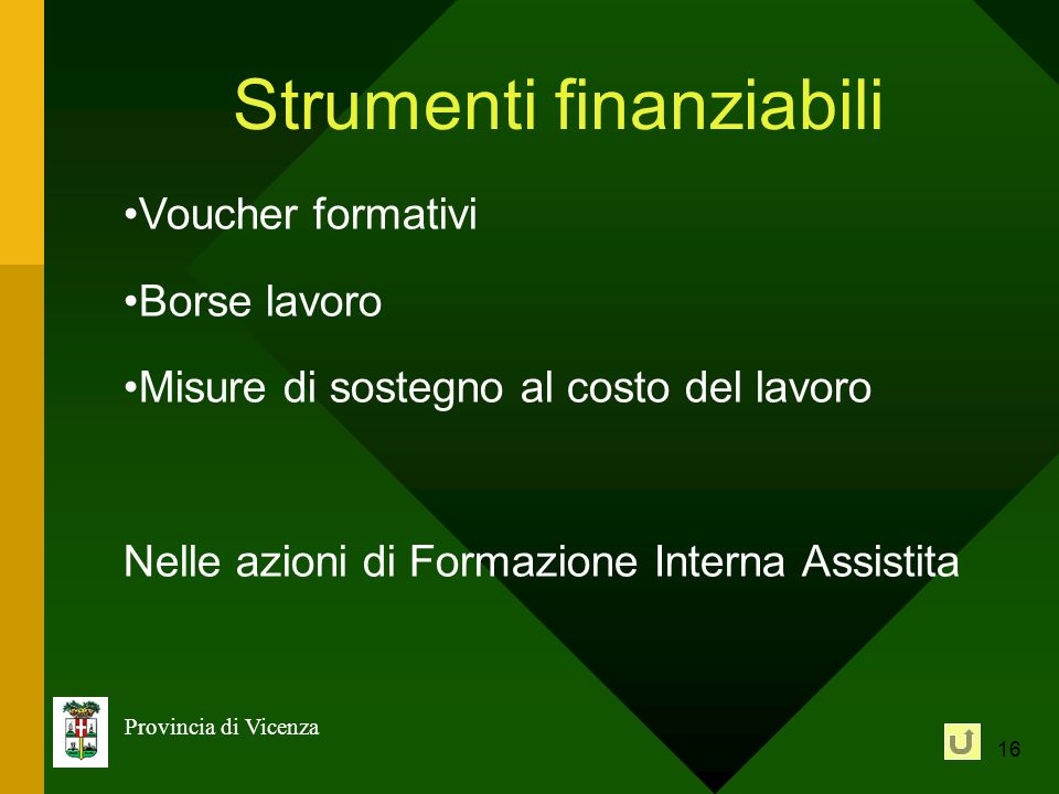 16 Provincia di Vicenza Strumenti finanziabili Voucher formativi Borse lavoro Misure di sostegno al costo del lavoro Nelle azioni di Formazione Interna Assistita