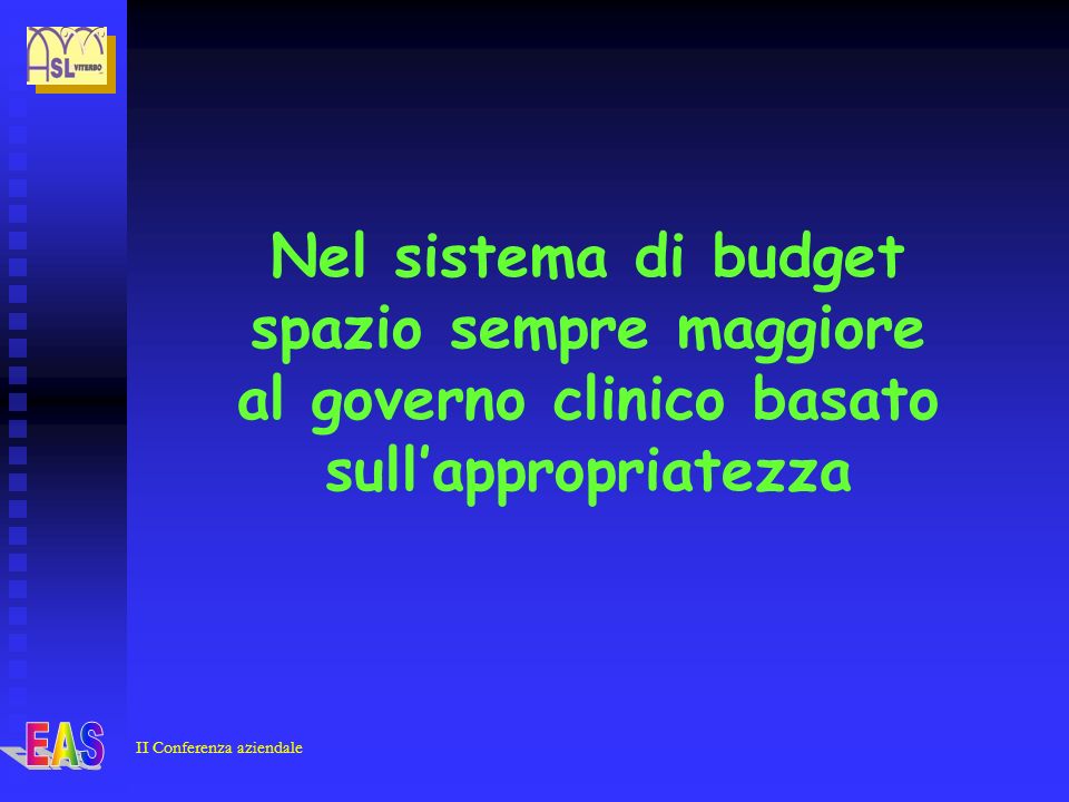 II Conferenza aziendale Nel sistema di budget spazio sempre maggiore al governo clinico basato sullappropriatezza