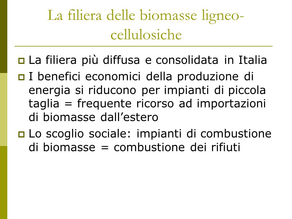 La filiera delle biomasse ligneo- cellulosiche La filiera più diffusa e consolidata in Italia I benefici economici della produzione di energia si riducono per impianti di piccola taglia = frequente ricorso ad importazioni di biomasse dallestero Lo scoglio sociale: impianti di combustione di biomasse = combustione dei rifiuti