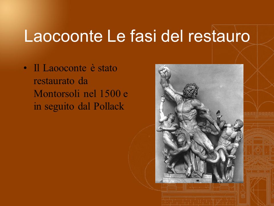 Il Laooconte è stato restaurato da Montorsoli nel 1500 e in seguito dal Pollack Laocoonte Le fasi del restauro