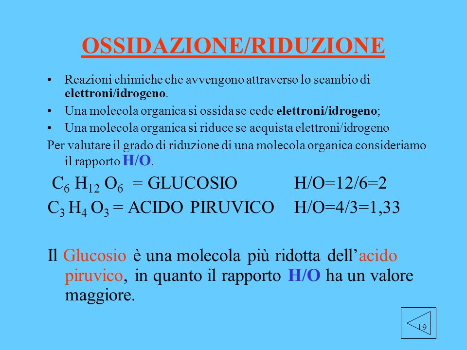 19 OSSIDAZIONE/RIDUZIONE Reazioni chimiche che avvengono attraverso lo scambio di elettroni/idrogeno.