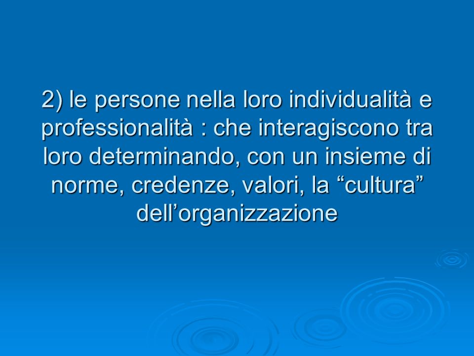 2) le persone nella loro individualità e professionalità : che interagiscono tra loro determinando, con un insieme di norme, credenze, valori, la cultura dellorganizzazione