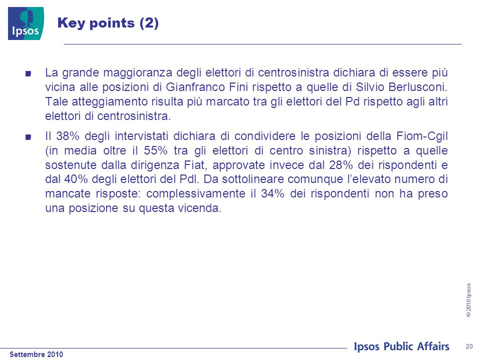 Settembre 2010 © 2010 Ipsos 20 Key points (2) La grande maggioranza degli elettori di centrosinistra dichiara di essere più vicina alle posizioni di Gianfranco Fini rispetto a quelle di Silvio Berlusconi.