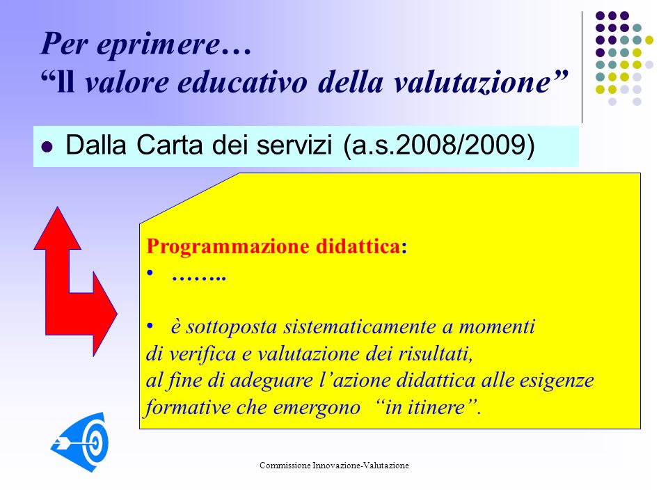 Commissione Innovazione-Valutazione Per eprimere… ll valore educativo della valutazione Dalla Carta dei servizi (a.s.2008/2009) Programmazione didattica: ……..