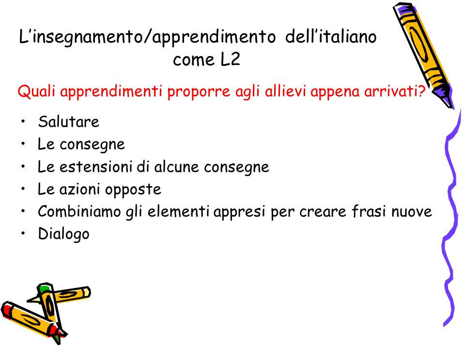 Linsegnamento/apprendimento dellitaliano come L2 Quali apprendimenti proporre agli allievi appena arrivati.