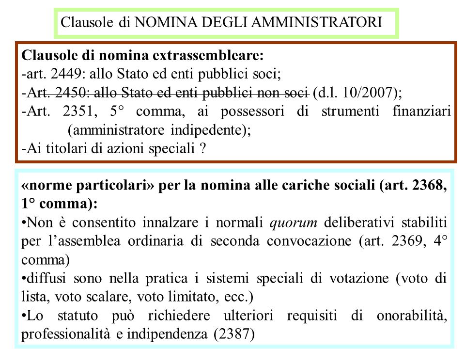 Clausole di NOMINA DEGLI AMMINISTRATORI Clausole di nomina extrassembleare: -art.