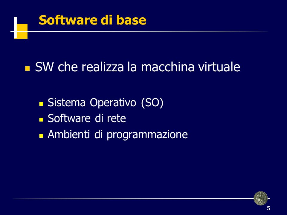 5 Software di base SW che realizza la macchina virtuale Sistema Operativo (SO) Software di rete Ambienti di programmazione