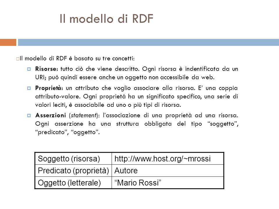 Il modello di RDF Il modello di RDF è basato su tre concetti: Risorse: tutto ciò che viene descritto.