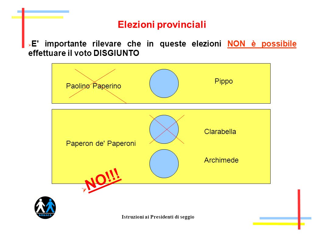 Istruzioni ai Presidenti di seggio Elezioni provinciali E importante rilevare che in queste elezioni NON è possibile effettuare il voto DISGIUNTO Paolino Paperino Paperon de Paperoni NO!!.