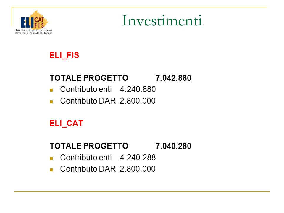 ELI_FIS TOTALE PROGETTO Contributo enti Contributo DAR ELI_CAT TOTALE PROGETTO Contributo enti Contributo DAR Investimenti