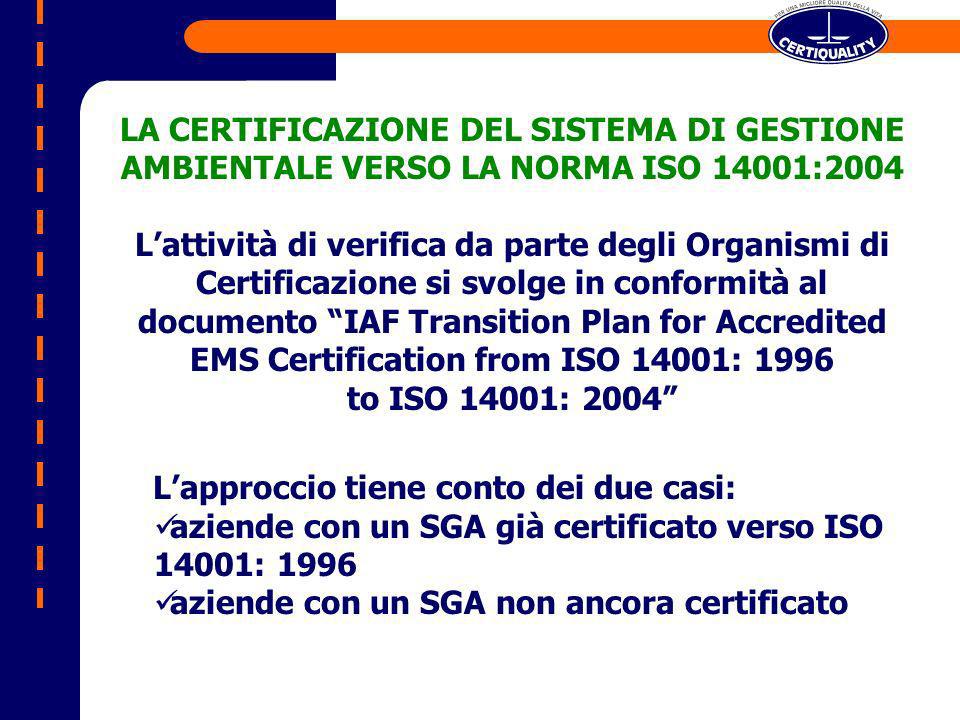 LA CERTIFICAZIONE DEL SISTEMA DI GESTIONE AMBIENTALE VERSO LA NORMA ISO 14001:2004 Lattività di verifica da parte degli Organismi di Certificazione si svolge in conformità al documento IAF Transition Plan for Accredited EMS Certification from ISO 14001: 1996 to ISO 14001: 2004 Lapproccio tiene conto dei due casi: aziende con un SGA già certificato verso ISO 14001: 1996 aziende con un SGA non ancora certificato