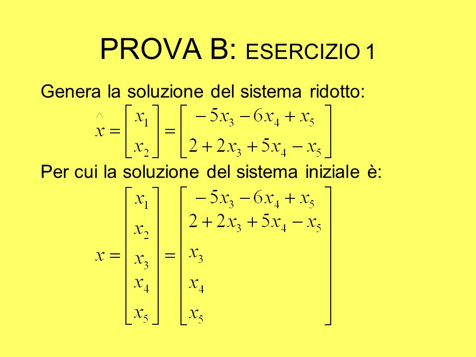 PROVA B: ESERCIZIO 1 Genera la soluzione del sistema ridotto: Per cui la soluzione del sistema iniziale è: