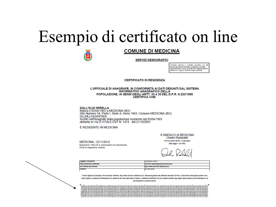 Esempio di certificato on line