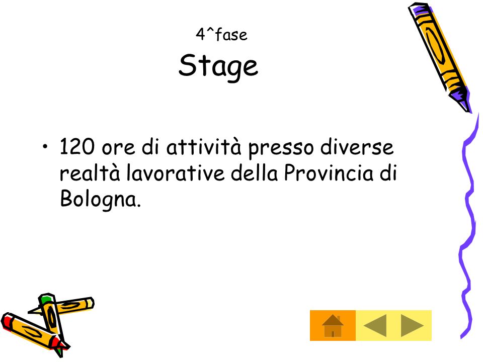 4^fase Stage 120 ore di attività presso diverse realtà lavorative della Provincia di Bologna.